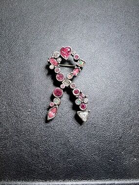 Patricia Locke Pink Crystal Heart Ribbon Brooch Breast Cancer Awareness
